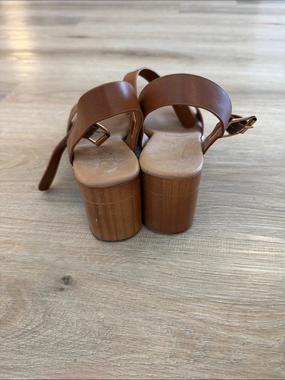 Women's Tan Faux-Leather Studded Block Heel Sandals